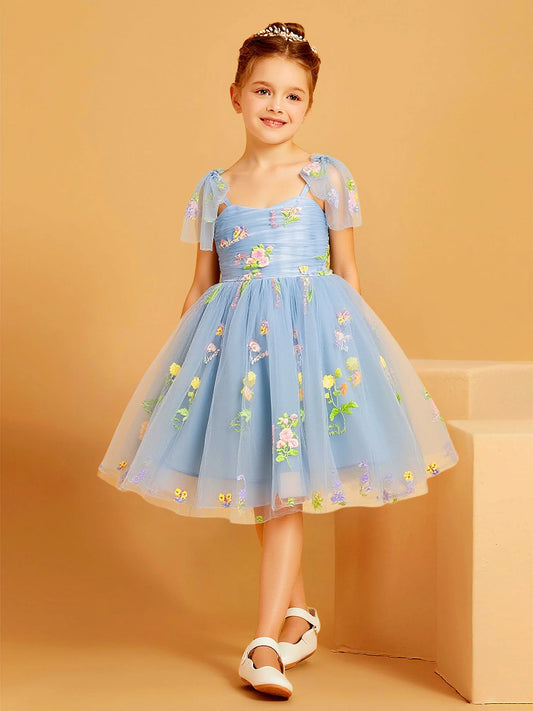 Heowos powder blue tea-length flower girl dress with floral embroidery and sheer flutter sleeves, front view