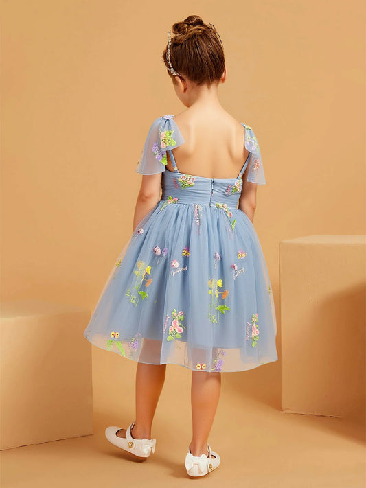 Floral A-Line Square Neck Sheer Sleeves Open Back Tea-Length Flower Girl Dresses