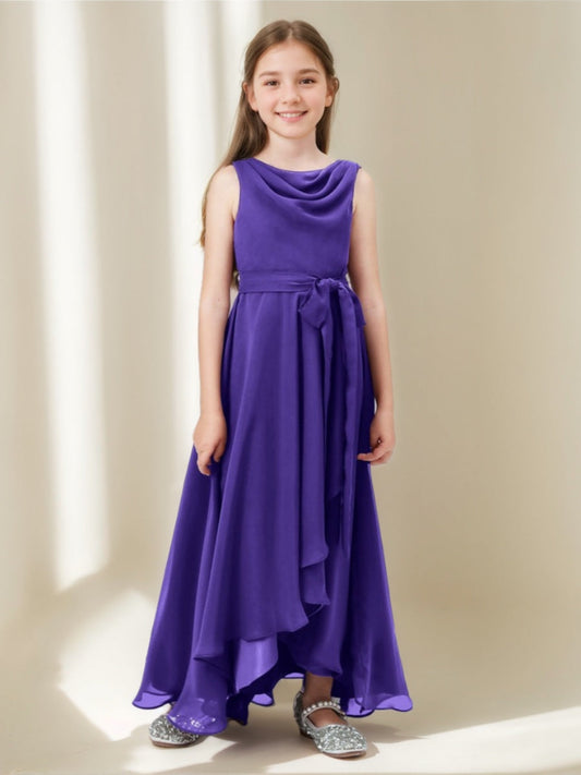 Elegant A-Line Cowl Neck Sleeveless V-Back Chiffon Junior Bridesmaid Dress
