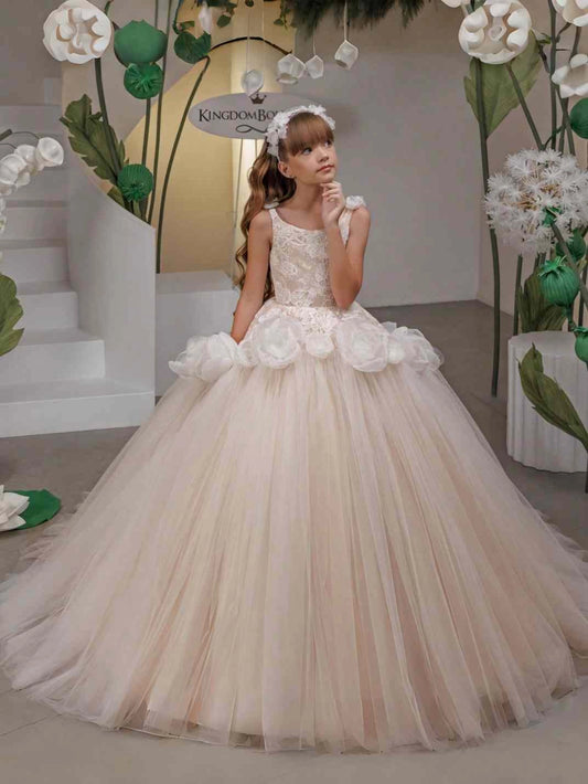 Champagne Ball Gown Scoop Neck Sleeveless V?Back Floor?Length First Communion Dress