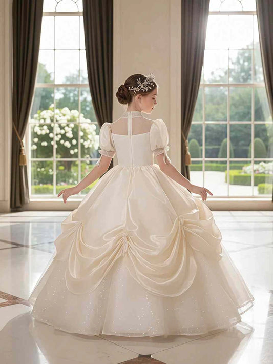 Luxury Ball Gown High Neck Puff Sleeve Sheer Back Floor Length Flower Girl Dress