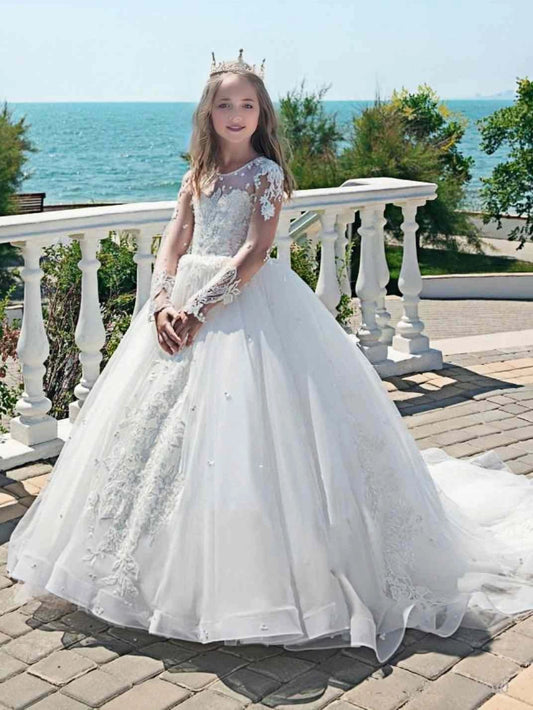 Elegant Ball?Gown Illusion Neck Long?Sleeve Illusion?Back Train?Length First?Communion Dress