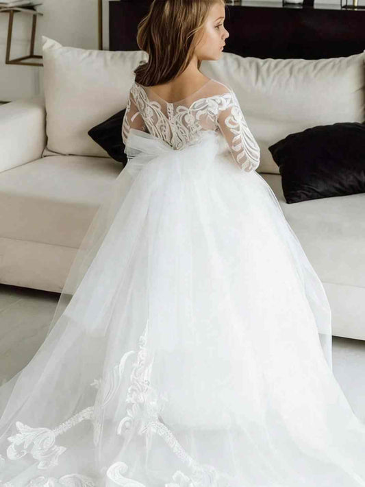 Elegant Ball Gown Illusion Neck Long Sleeve Sheer Back Train Length Flower Girl Dress >