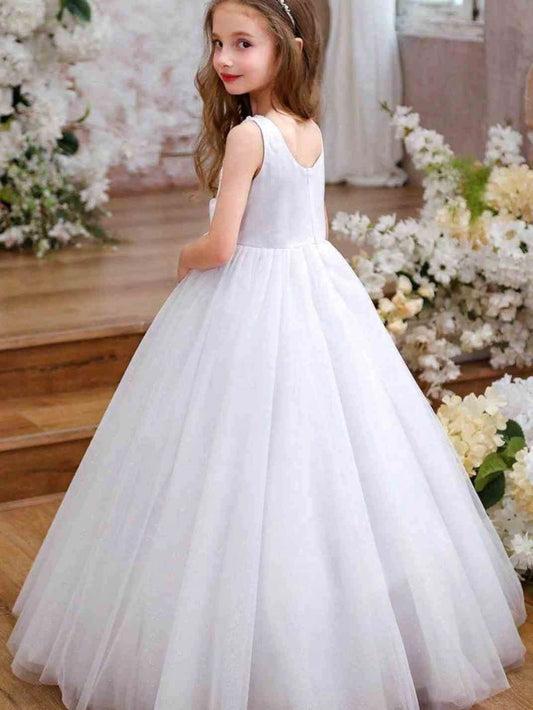Sparkly A Line Square Neck Sleeveless U Back Long Flower Girl Dress