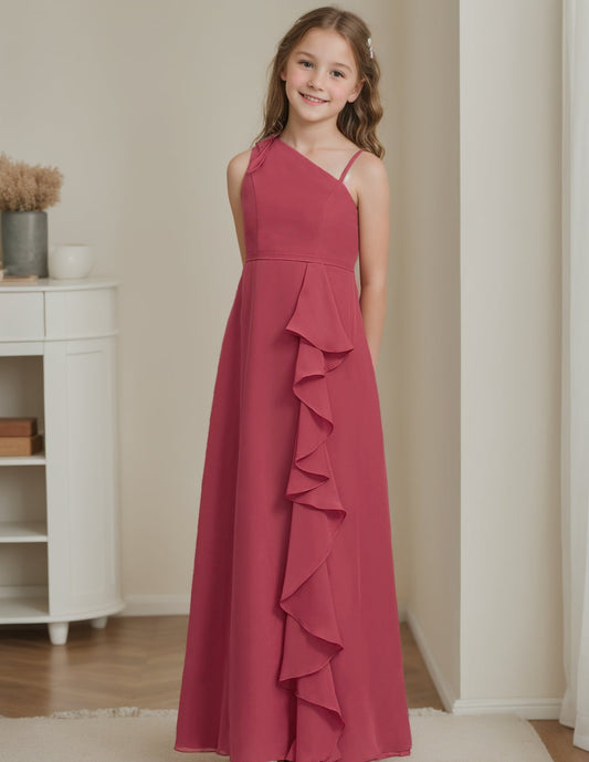 Elegant A-Line One-Shoulder Ruffle Sleeve Floor-Length Junior Bridesmaid Dress