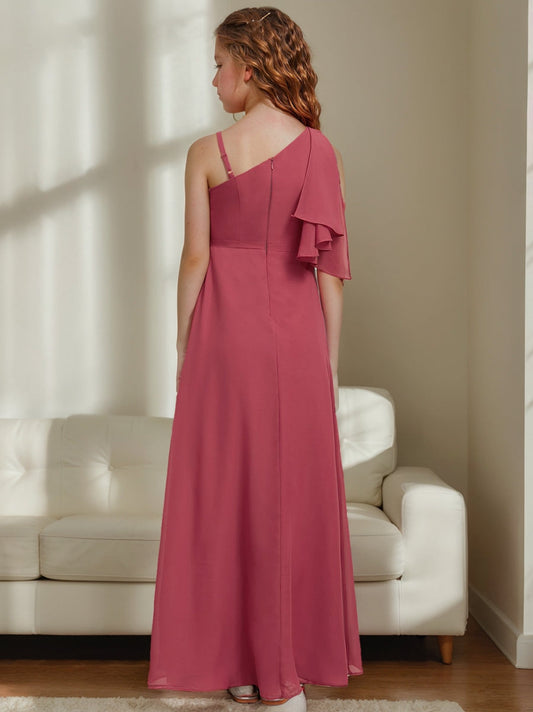 Elegant A-Line One-Shoulder Ruffle Sleeve Floor-Length Junior Bridesmaid Dress