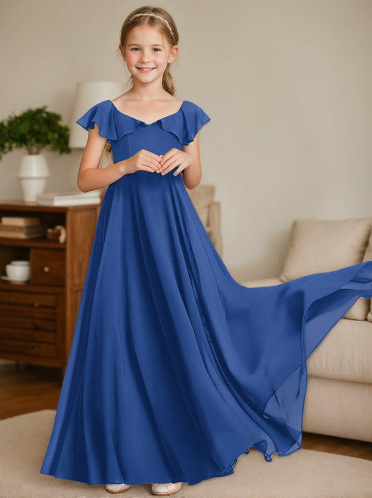 Elegant A-Line Sweetheart Flutter Sleeve Tie Back Floor-Length Junior Bridesmaid Dress
