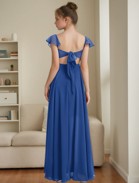 Elegant A-Line Sweetheart Flutter Sleeve Tie Back Floor-Length Junior Bridesmaid Dress