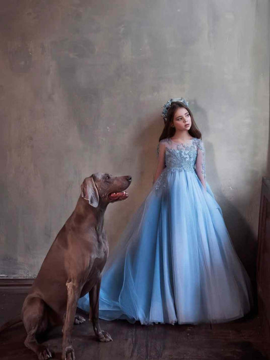 Luxury Ballgown Illusion Neck Long Sleeve Button Back Floor Length Girl Pageant Dress