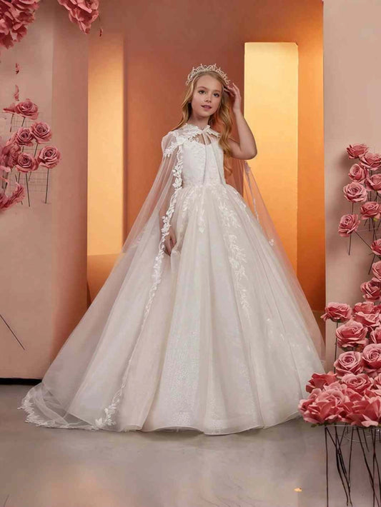 White Ball Gown High Neck Cape Sleeve Illusion Back Train First Communion Dress