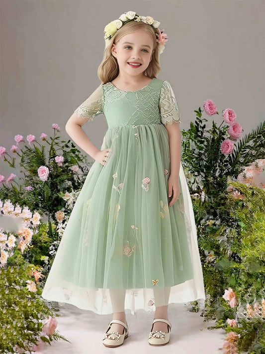 Heowos sage green junior bridesmaid dress with lace short sleeves and floral embroidered tulle skirt