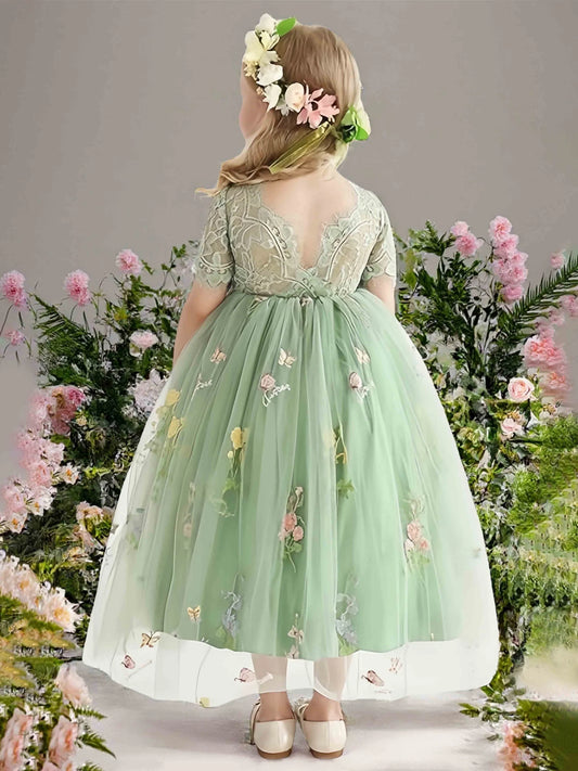 Heowos Elegant A-Line Round Neck Short Sleeve V-Back Tea-Length Junior Bridesmaid Dress