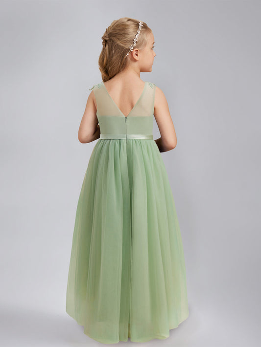 Elegant A-Line Illusion Neck Sleeveless V-Back High-Low Junior Bridesmaid Dresses