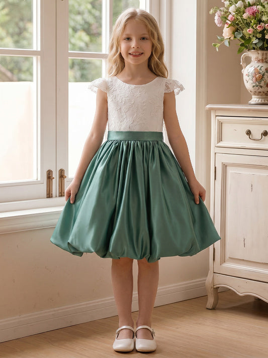 Elegant A-Line Lace Flutter Sleeve V-Back Satin Flower Girl Dress