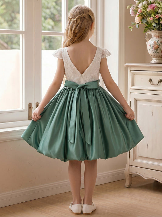Elegant A-Line Lace Flutter Sleeve V-Back Satin Flower Girl Dress