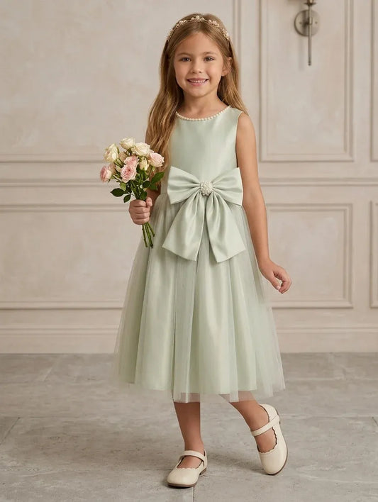 Heowos sage green flower girl dress with pearl neckline oversized bow and tea-length tulle skirt