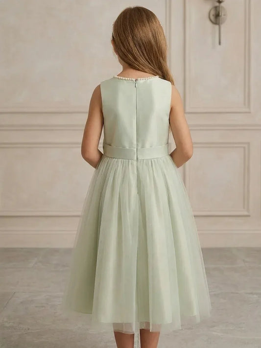 Heowos Elegant A-Line Round Neck Sleeveless Zipper Back Tea-Length Flower Girl Dress