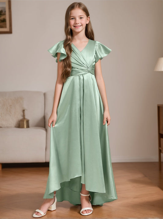 Elegant A-Line V-Neck Flutter Sleeve High-Low Junior Bridesmaid Dress