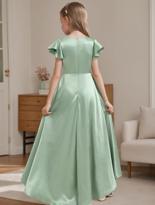 Elegant A-Line V-Neck Flutter Sleeve High-Low Junior Bridesmaid Dress