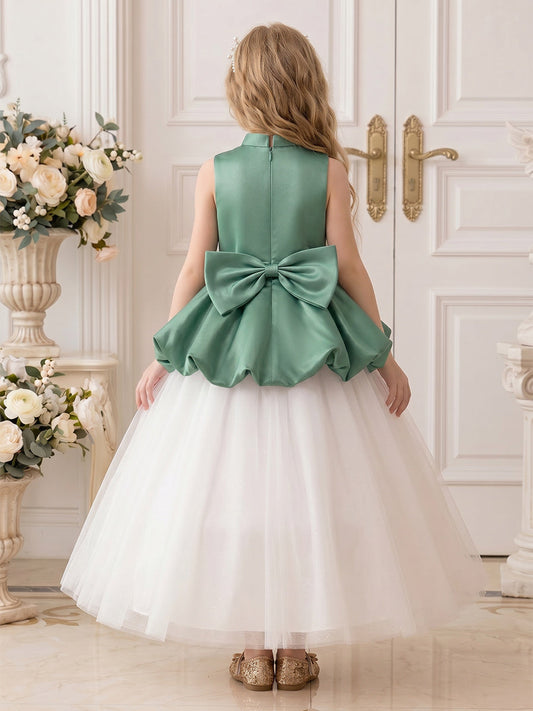 Elegant A-Line High Neck Sleeveless Bow Back Tea-Length Flower Girl Dress