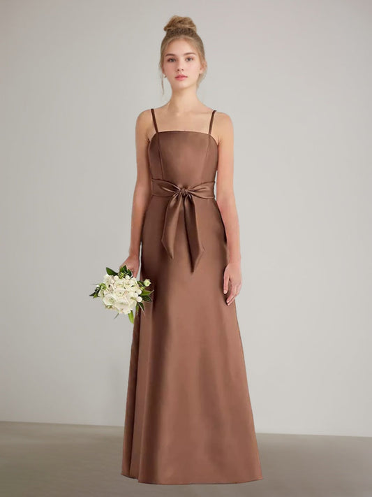 Elegant Satin A-Line Square Neck Sleeveless Floor-Length Junior Bridesmaid Dress