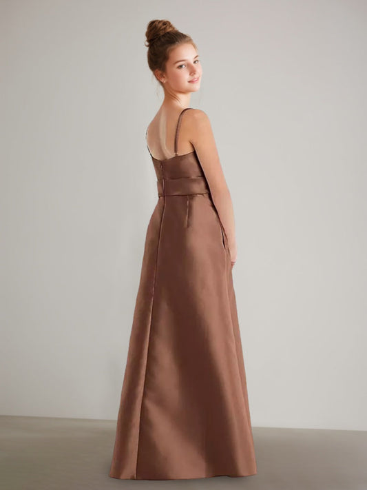 Elegant Satin A-Line Square Neck Sleeveless Floor-Length Junior Bridesmaid Dress