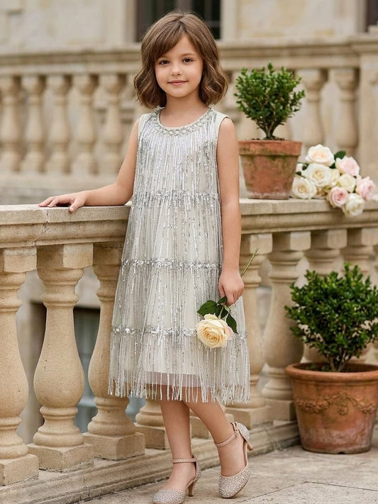 Sparkly A Line Round Neck Sleeveless Beaded Fringe Tea Length Junior Bridesmaid Dress