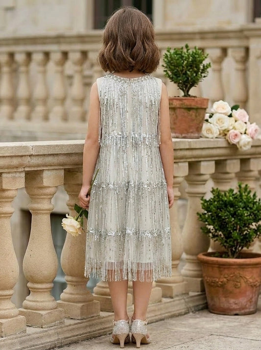 Sparkly A Line Round Neck Sleeveless Beaded Fringe Tea Length Junior Bridesmaid Dress