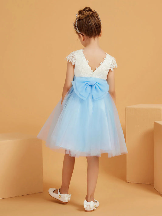 Sweet A-Line Round-Neck Lace-Cap-Sleeve V-Back Knee-Length Flower Girl Dresses