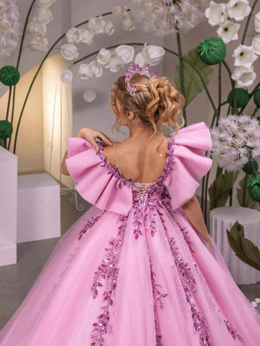 Luxury Ball?Gown Off?Shoulder Ruffle?Sleeve Corset?Back Train Pageant Girl Dress