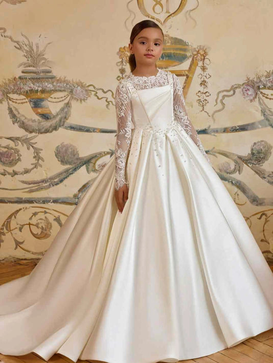 Elegant A?Line Square Neck Long Lace Sleeve Corset Back Train First Communion Dress