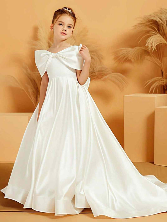 Luxury A-line Off Shoulder Short Sleeve Double Bow Back Train White Flower Girl Dress