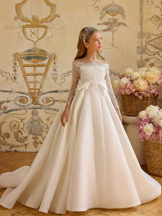 Luxury A Line Off Shoulder Long Sleeve Lace Back Train First Communion Dress