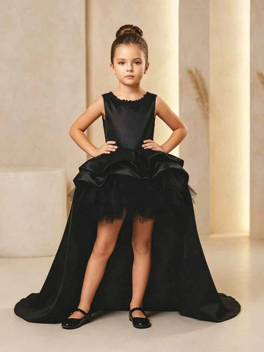 Elegant High Low Satin Round Neck Sleeveless Heart Cutout Back Train Flower Girl Dress