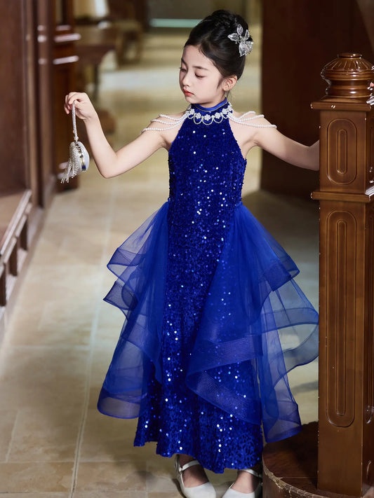 Girls Royal Blue Sequin Qipao Gown - Chinese Style Mermaid Formal Dress with Pearl Shoulder Chains