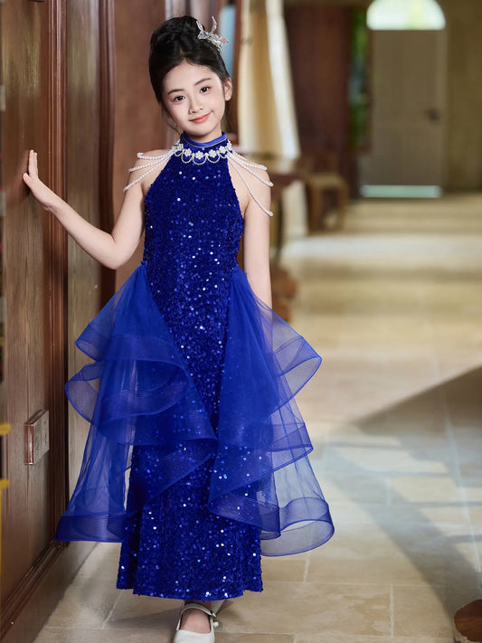 Girls Royal Blue Sequin Qipao Gown - Chinese Style Mermaid Formal Dress with Pearl Shoulder Chains