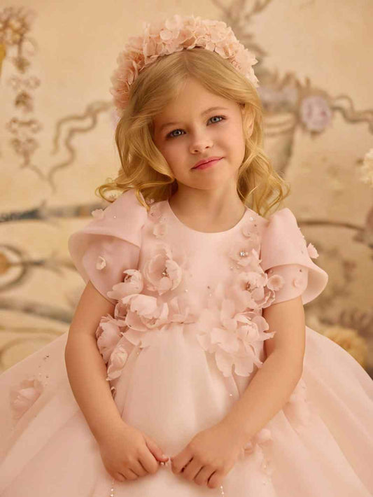 Blush Ballgown Round Neck Flutter Sleeve Button Back Floor-Length Flower Girl Dress