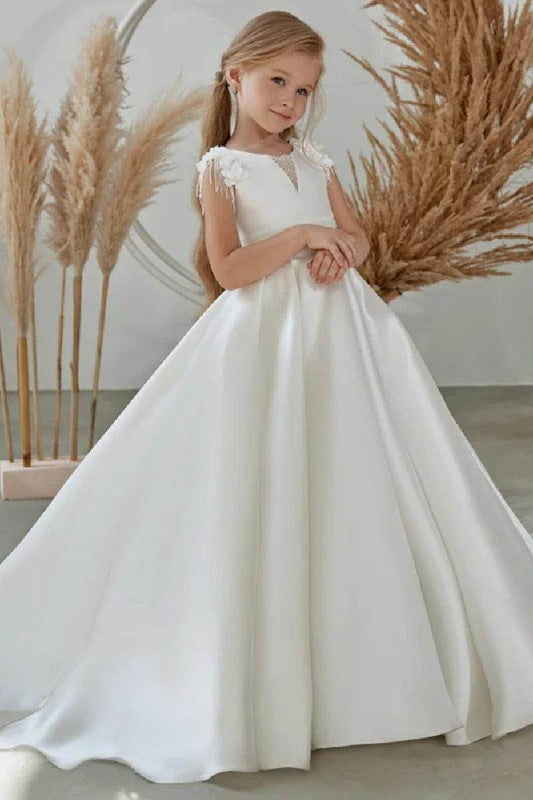 Elegant A-Line Illusion Cap Sleeve Open Back Flower Girl Dress