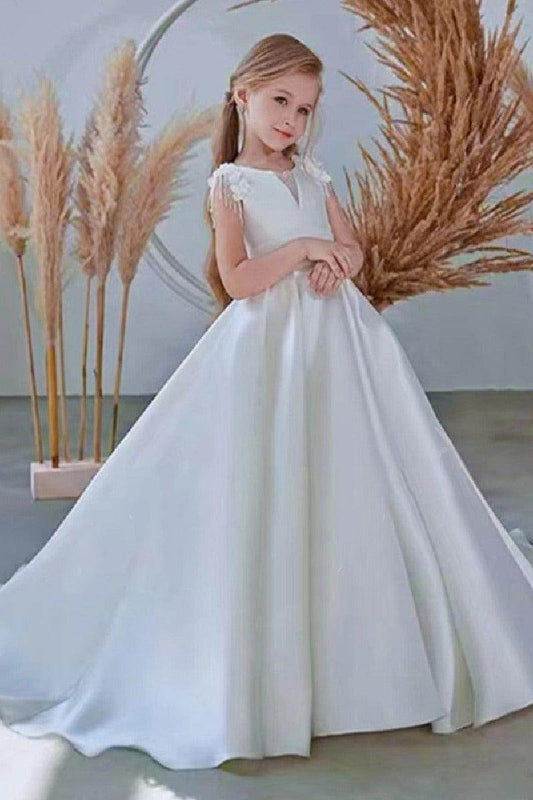 Elegant A-Line Illusion Cap Sleeve Open Back Flower Girl Dress