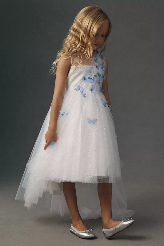 Heowos white glitter tulle flower girl dress with blue and lavender 3D butterflies, a sleeveless illusion neckline and high-low skirt.