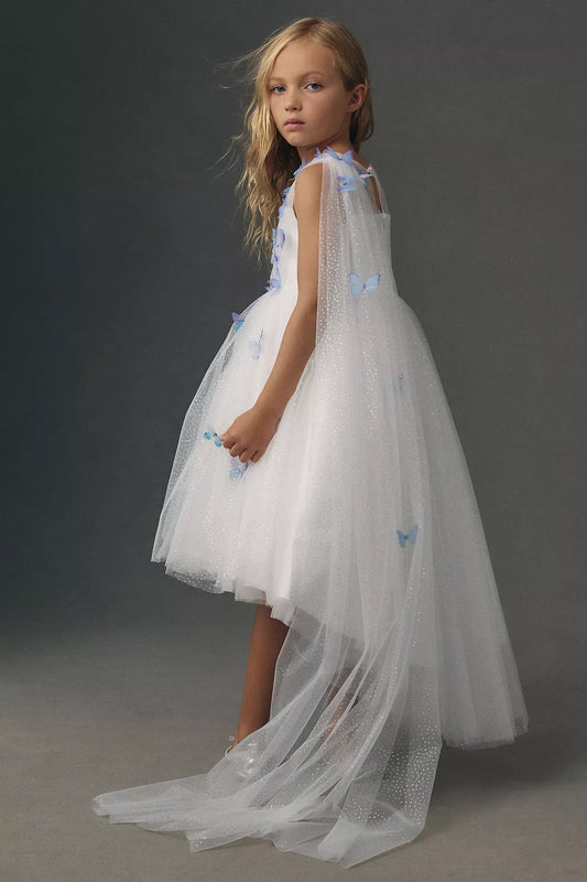 Whimsical A-Line Illusion Neckline Sleeveless Keyhole-Back High-Low Flower Girl Dresses
