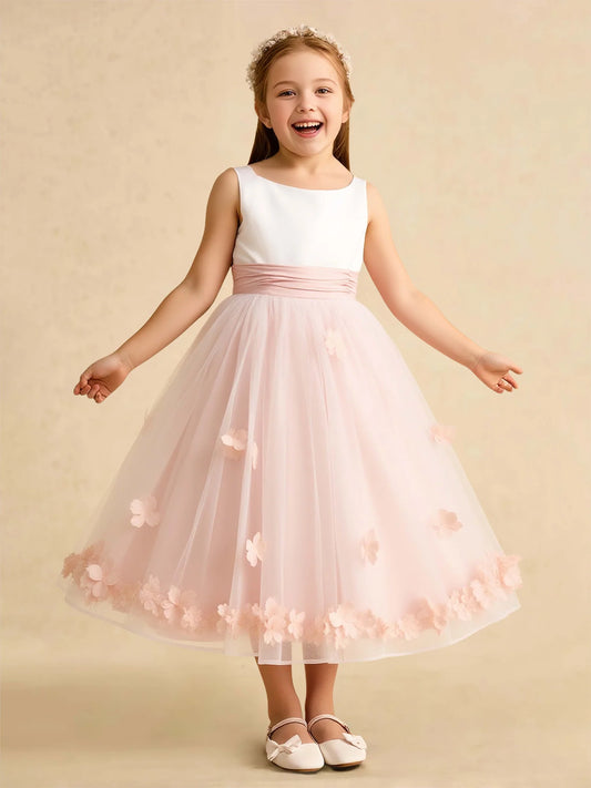 Graceful A-Line Round-Neck Sleeveless V-Back Tea-Length Flower Girl Dresses