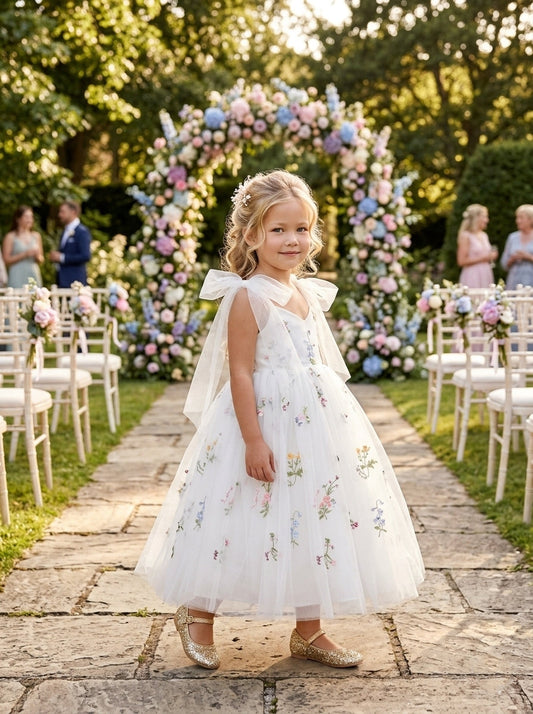Whimsical A Line V Neck Bow Strap Back Zipper Tea Length Flower Girl Dress