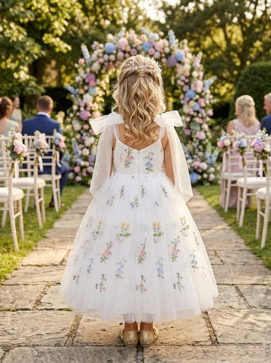 Whimsical A Line V Neck Bow Strap Back Zipper Tea Length Flower Girl Dress