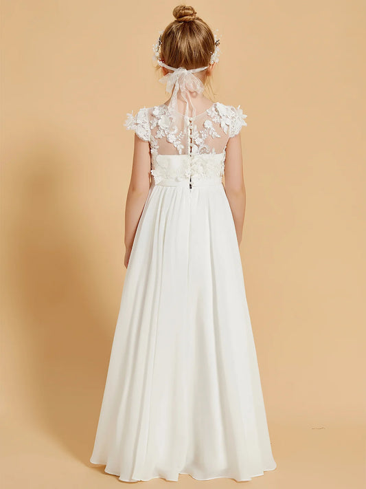 Graceful A-Line Illusion Neck Cap Sleeve Floor-Length Flower Girl Dresses