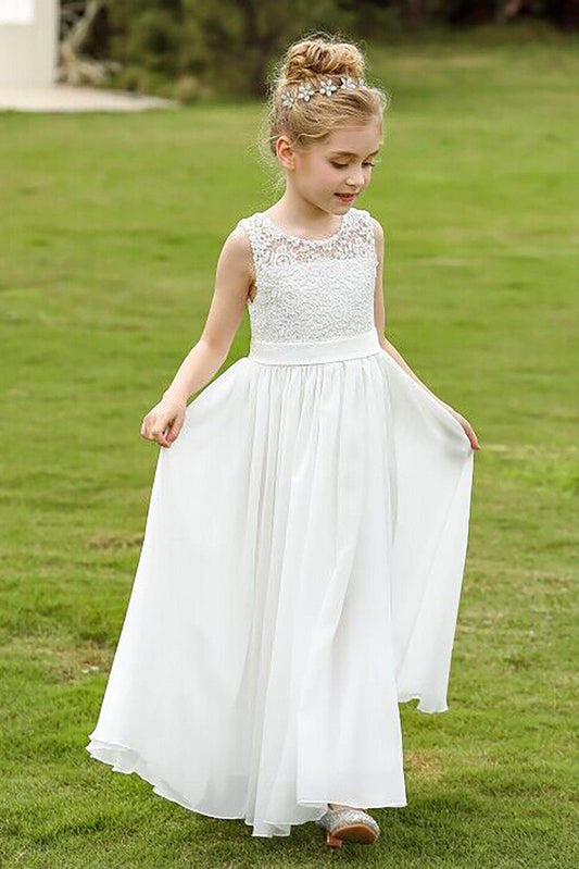 Elegant A Line Round Neck Sleeveless V Back Lace Flower Girl Dress