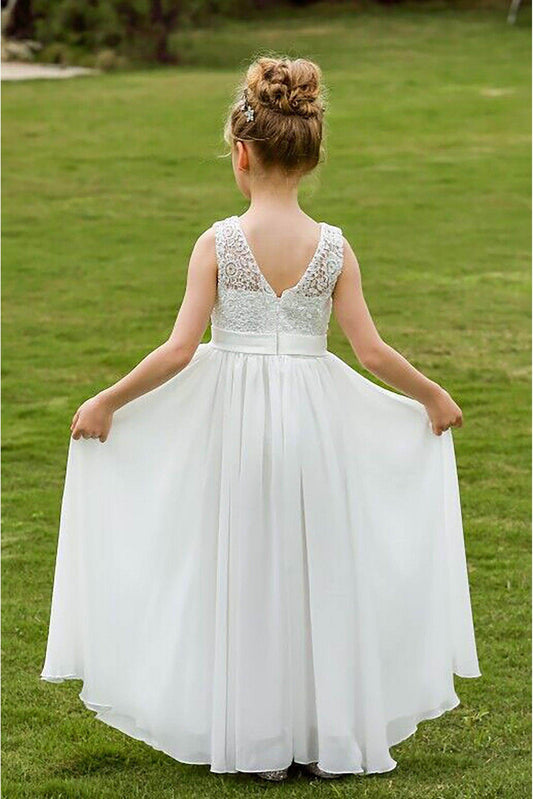 Elegant A Line Round Neck Sleeveless V Back Lace Flower Girl Dress