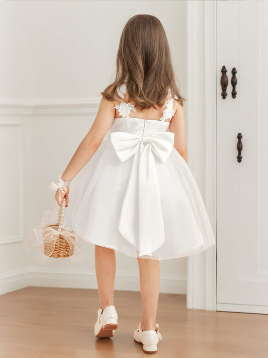 Elegant A-Line Lace Sleeveless Bow Back Knee-Length Flower Girl Dresses
