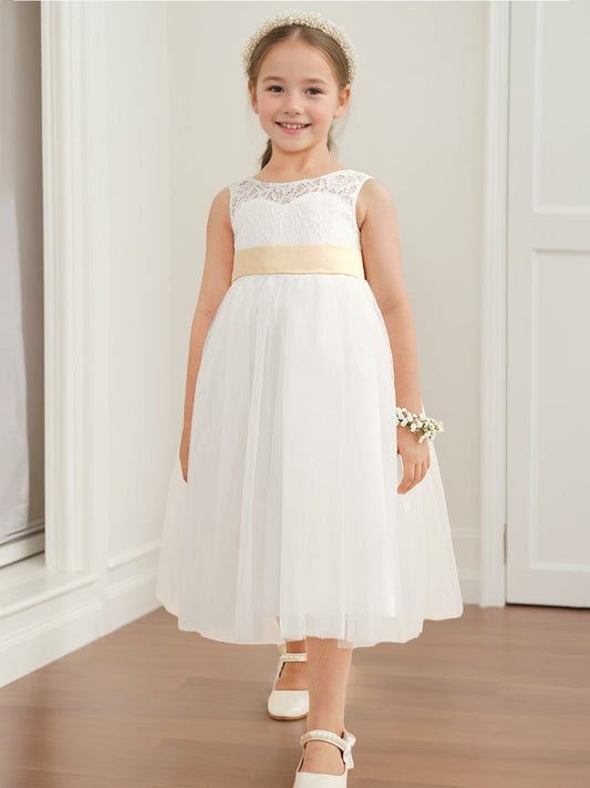 Graceful A-Line Lace Round Neck Sleeveless Bow Back First Communion Dresses