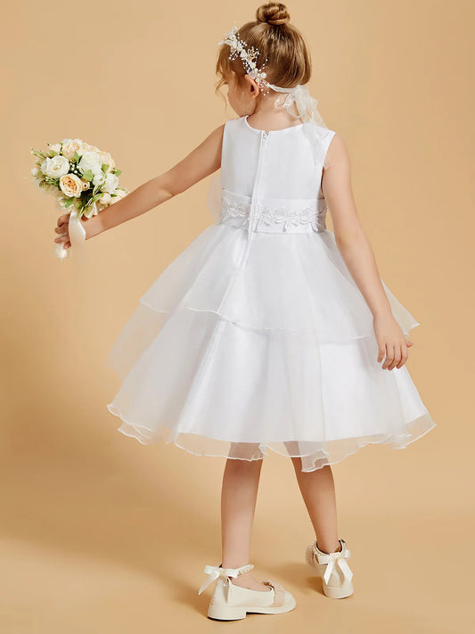 Elegant A-Line Round Neck Sleeveless Zipper Back Tea-Length Flower Girl Dresses